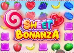 Casino Sweet Bonanza game with colorful candies and fruits.  Shazam Casino Online Canada